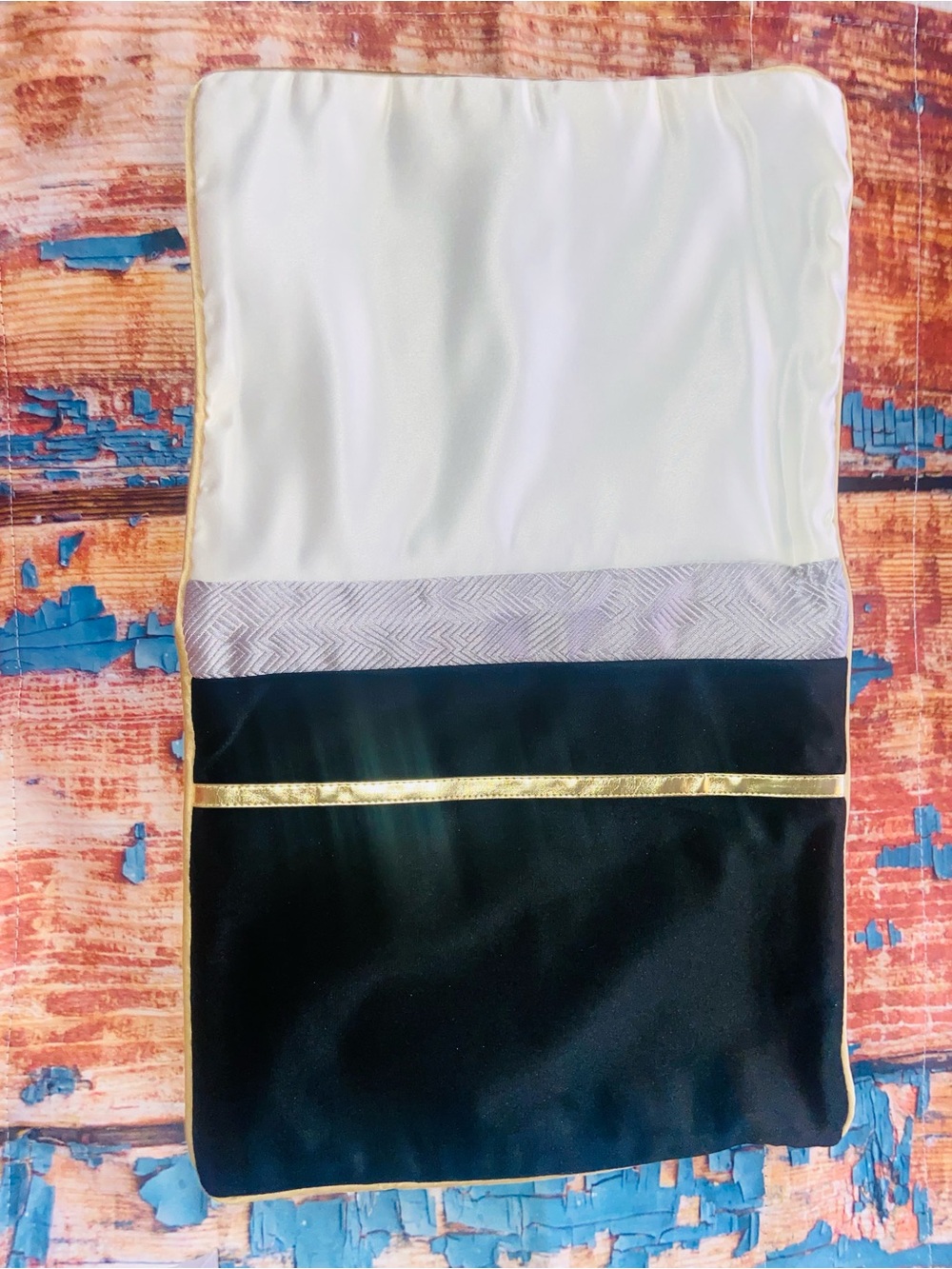 New Black and White Satin Clutch with Gold Trim